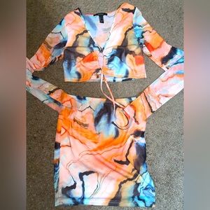 2 piece multicolor scrunch tie crop top and mini skirt